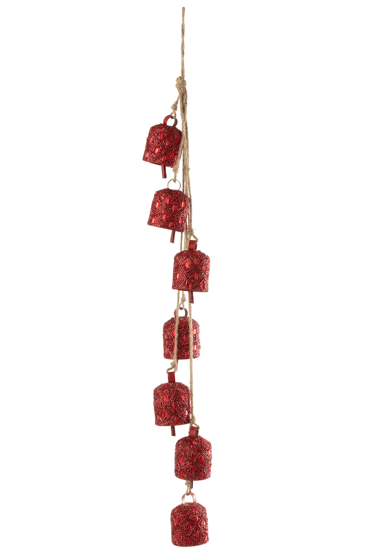 Kersthanger 7 belletjes met kralen – ijzer, kerstrood, 45,5 cm