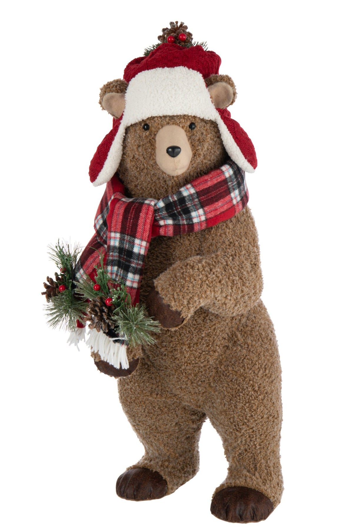Beer met muts – polyester, bruin en kerstrood, 29×20×75 cm