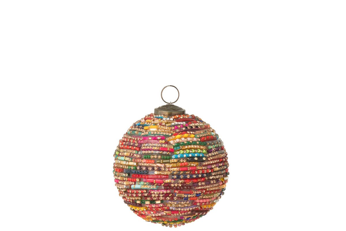 Kerstbal met kralen klein – glas, roze en goud, Ø10 cm