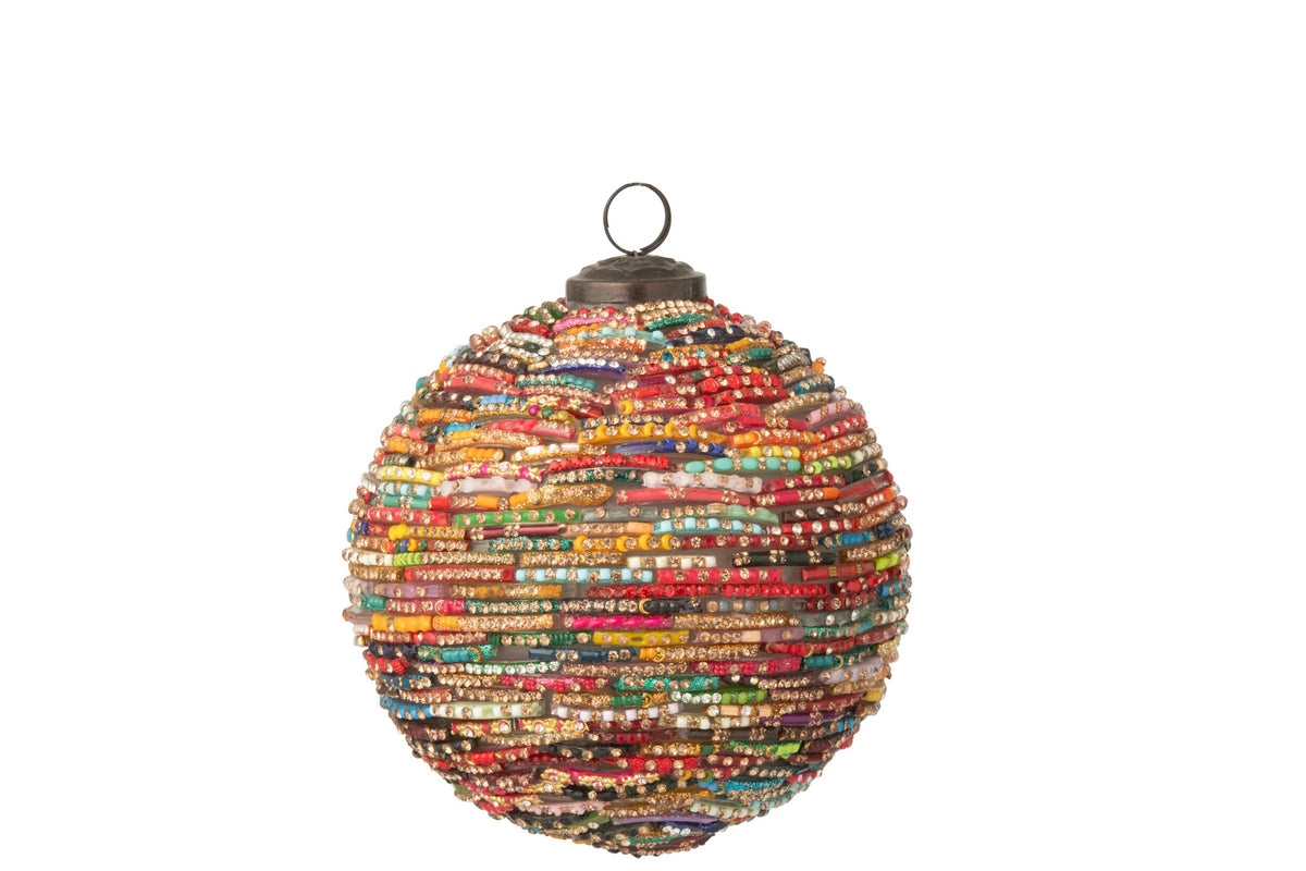 Kerstbal met kralen medium – glas, roze en goud, Ø12 cm