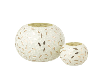 Candle Holder Ball Mosaic Glass Off-White/Silver Colored Small