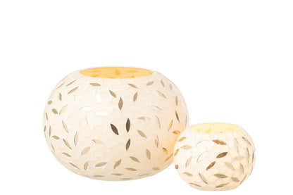 Candle Holder Ball Mosaic Glass Off-White/Silver Colored Small