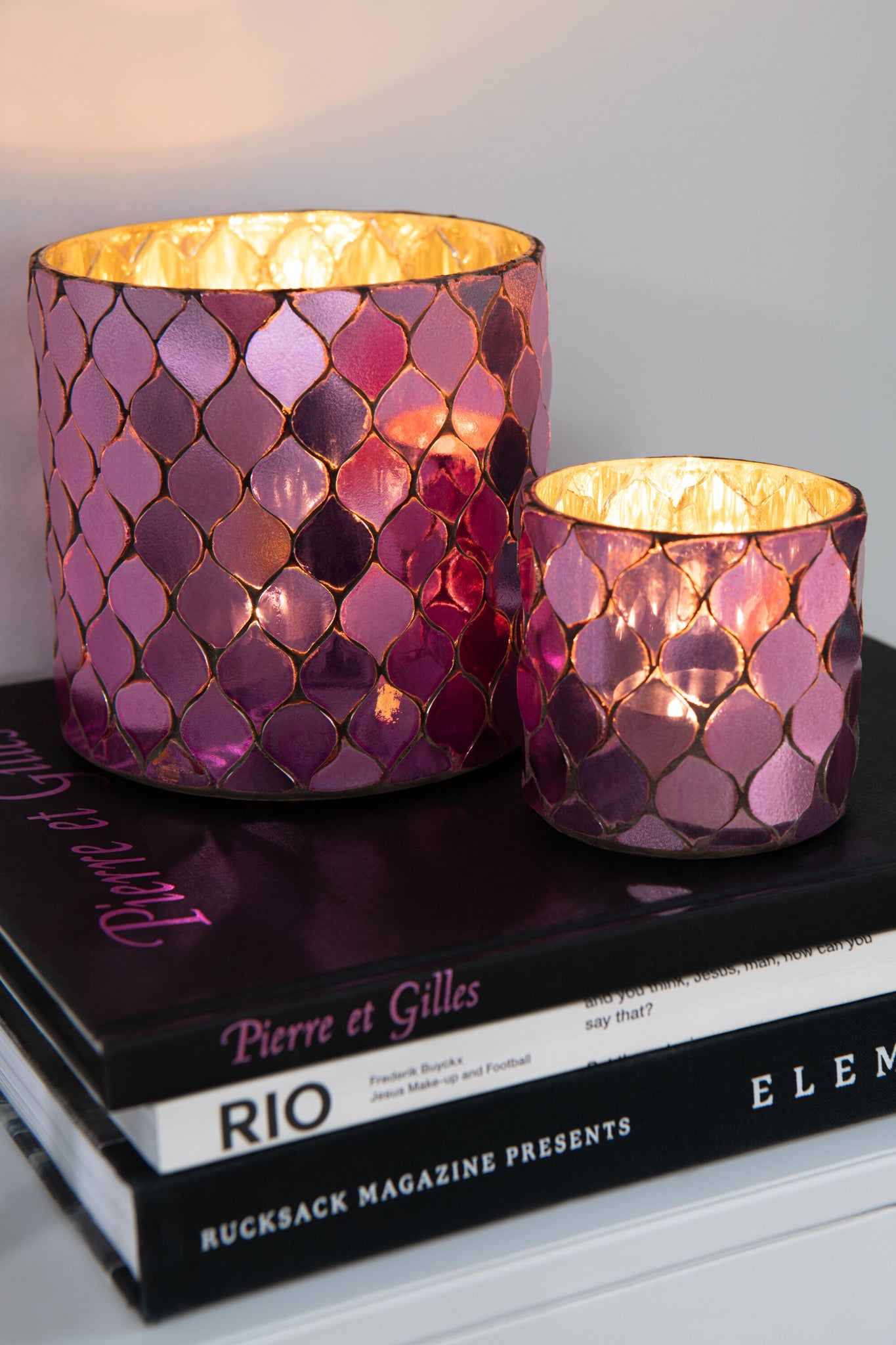 Tealight Holder Cylinder Mosaic Glass Fuchsia
