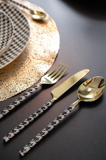 Box Of 4 Cutlery Pied-De-Poule Stainless Steel Gold Colored