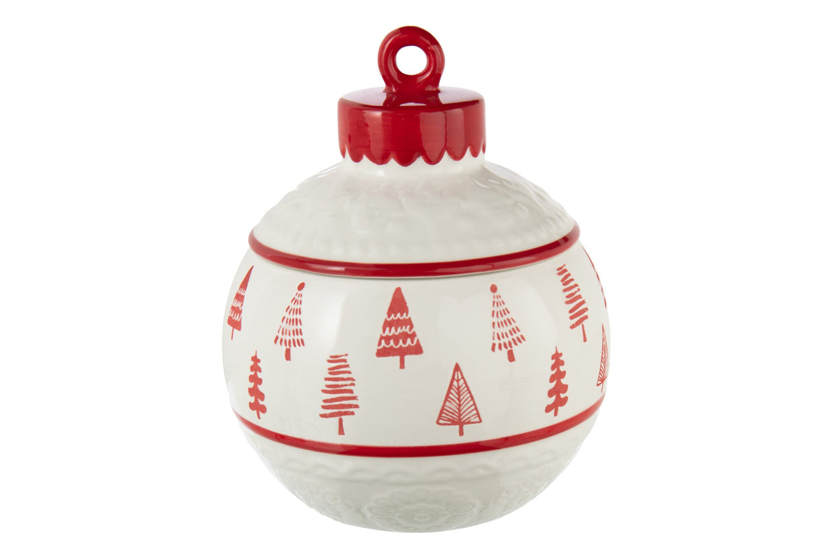 Voorraadpot kerstbal – dolomiet, wit en kerstrood, Ø15,8 x 19,8 cm
