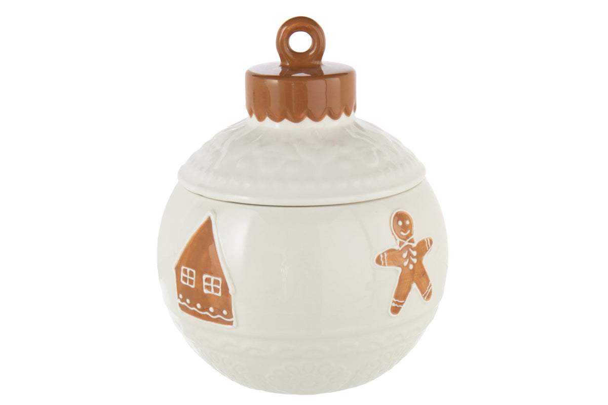 Voorraadpot kerstbal rond – dolomiet, wit en karamel, Ø16,5 x 18 cm