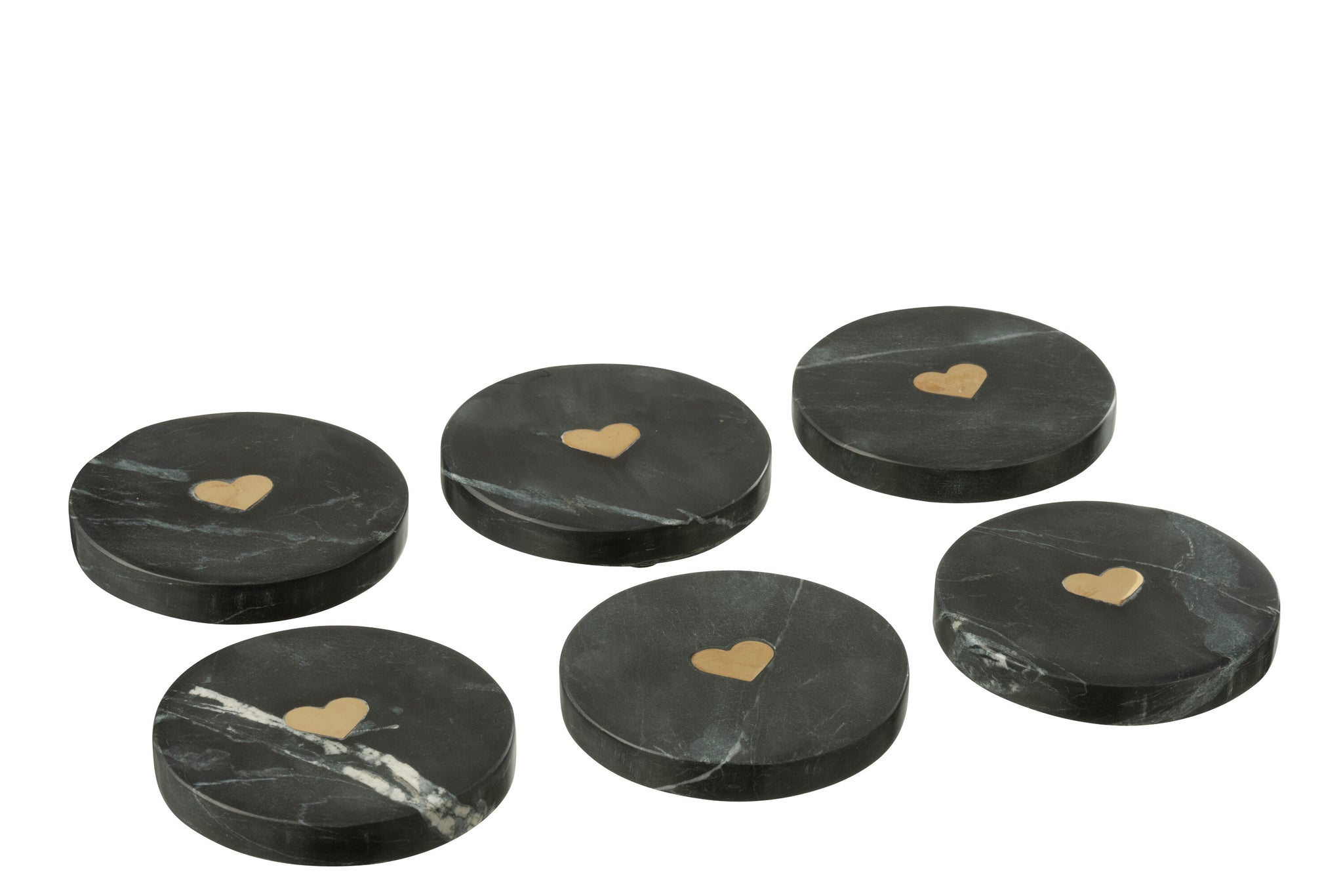 Box Of 6 Coaster Heart Marble Black/Gold Colored
