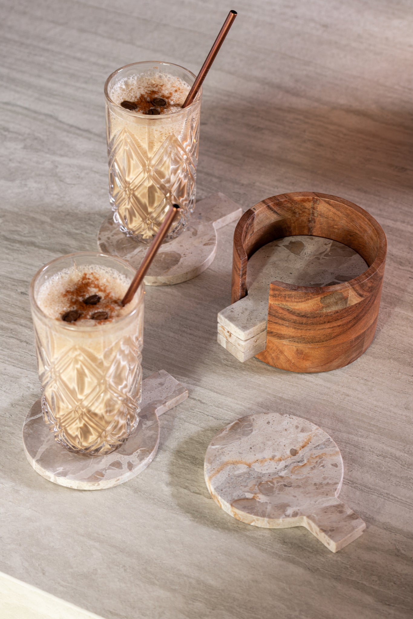 Box Of 4 Coaster Round Marble Beige/Brown