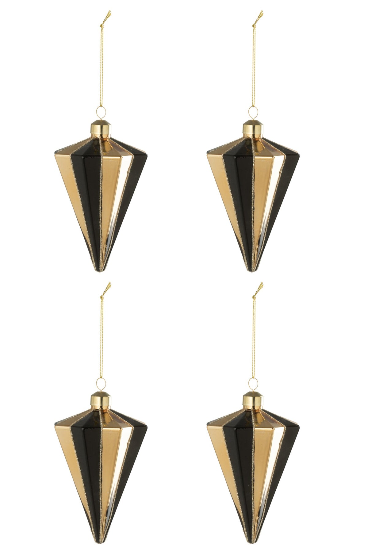 Kerstballen diamantstreep doos van 4 – glas, goud en zwart, Ø9 x 14 cm
