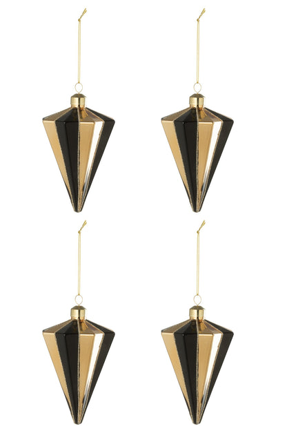 Kerstballen diamantstreep doos van 4 – glas, goud en zwart, Ø9 x 14 cm