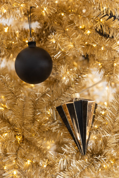 Kerstballen diamantstreep doos van 4 – glas, goud en zwart, Ø9 x 14 cm