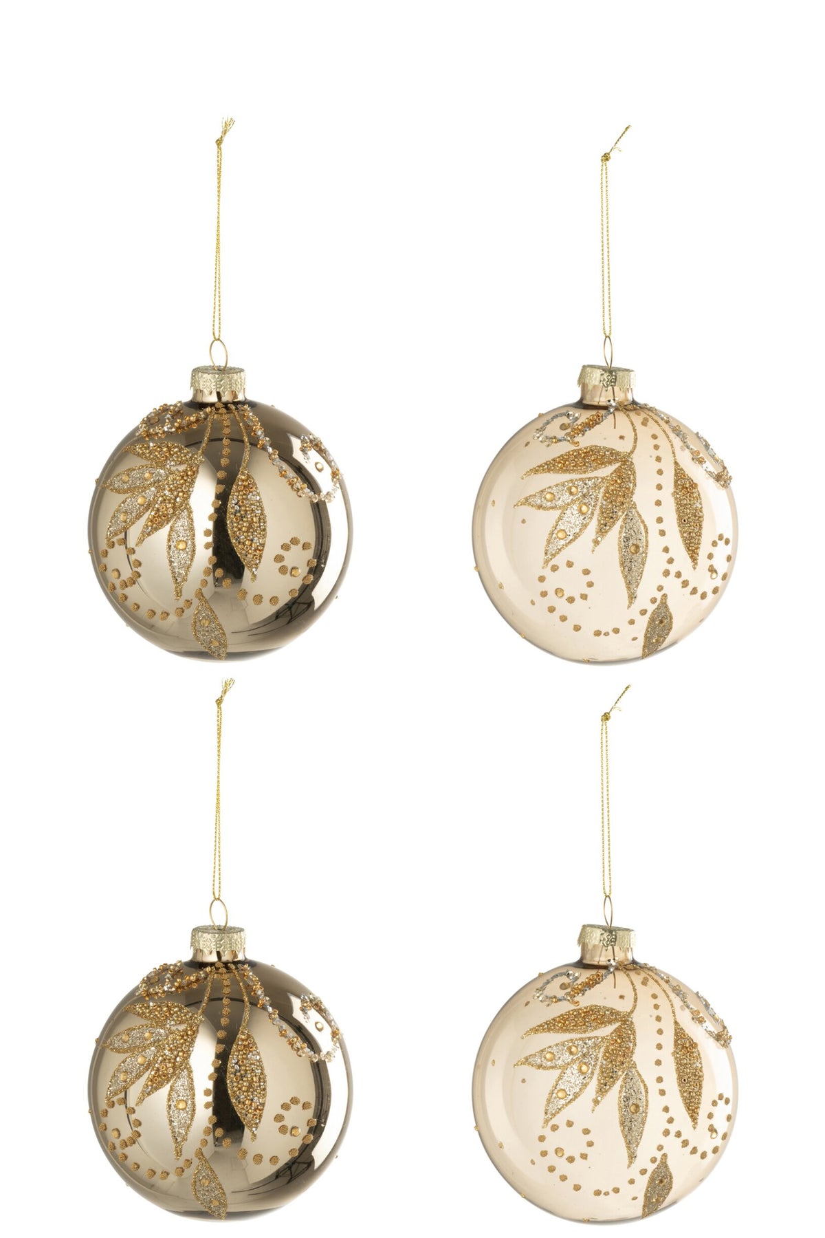 Kerstballen blaadjes en stippen doos van 4 – glas, goud, Ø10 cm