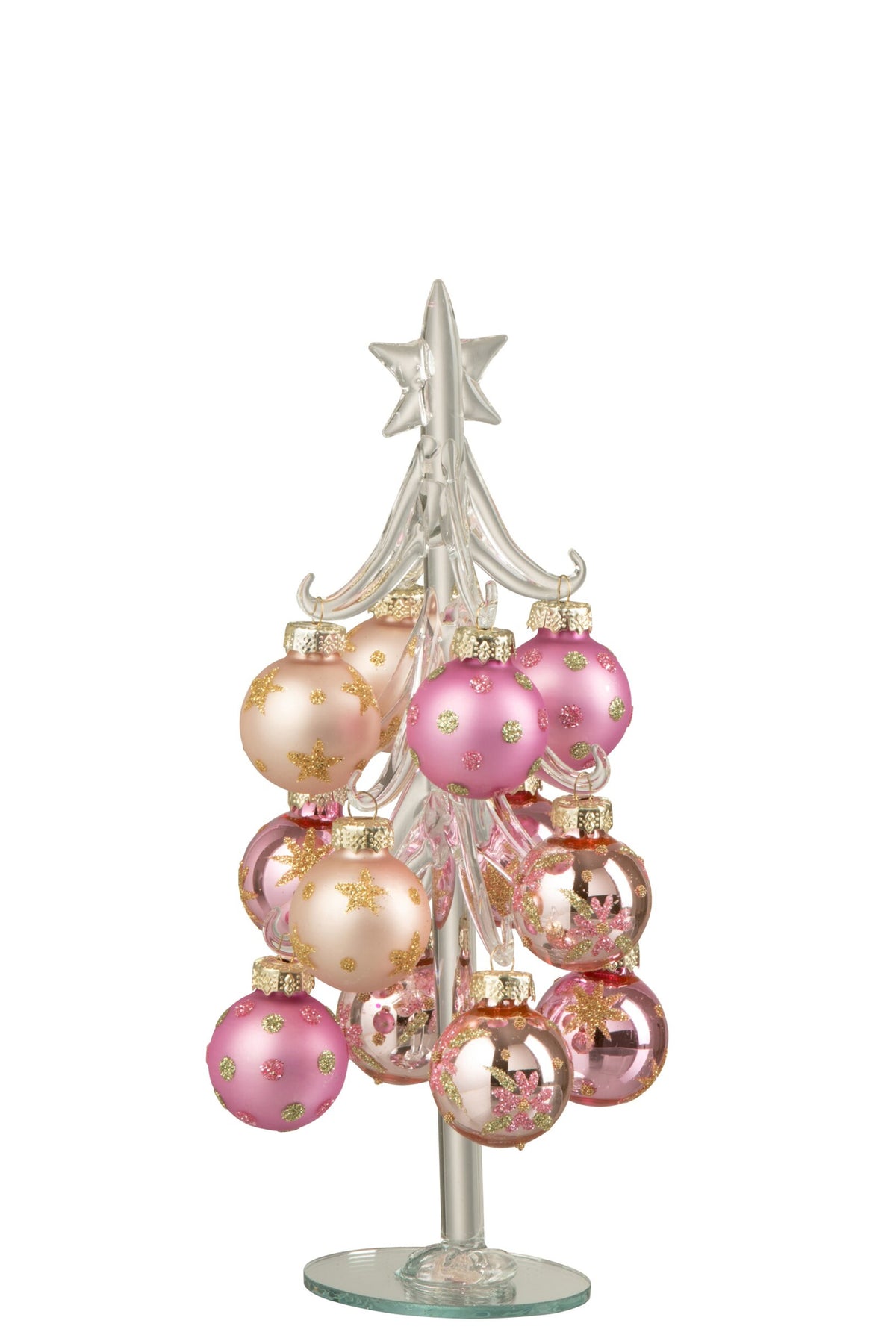 Glazen kerstboompje met kerstballen – glas, roze en transparant, 21 cm
