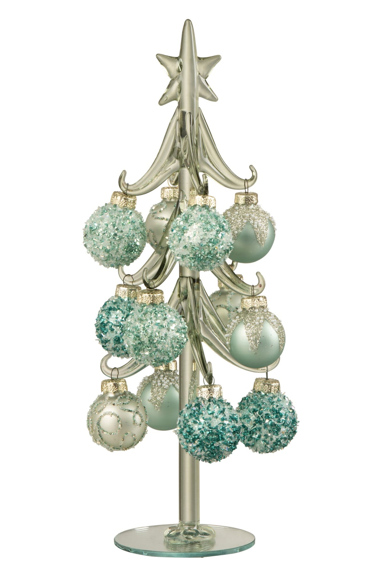 Glazen kerstboompje met kerstballen – glas, mintgroen en lichtblauw, 27 cm