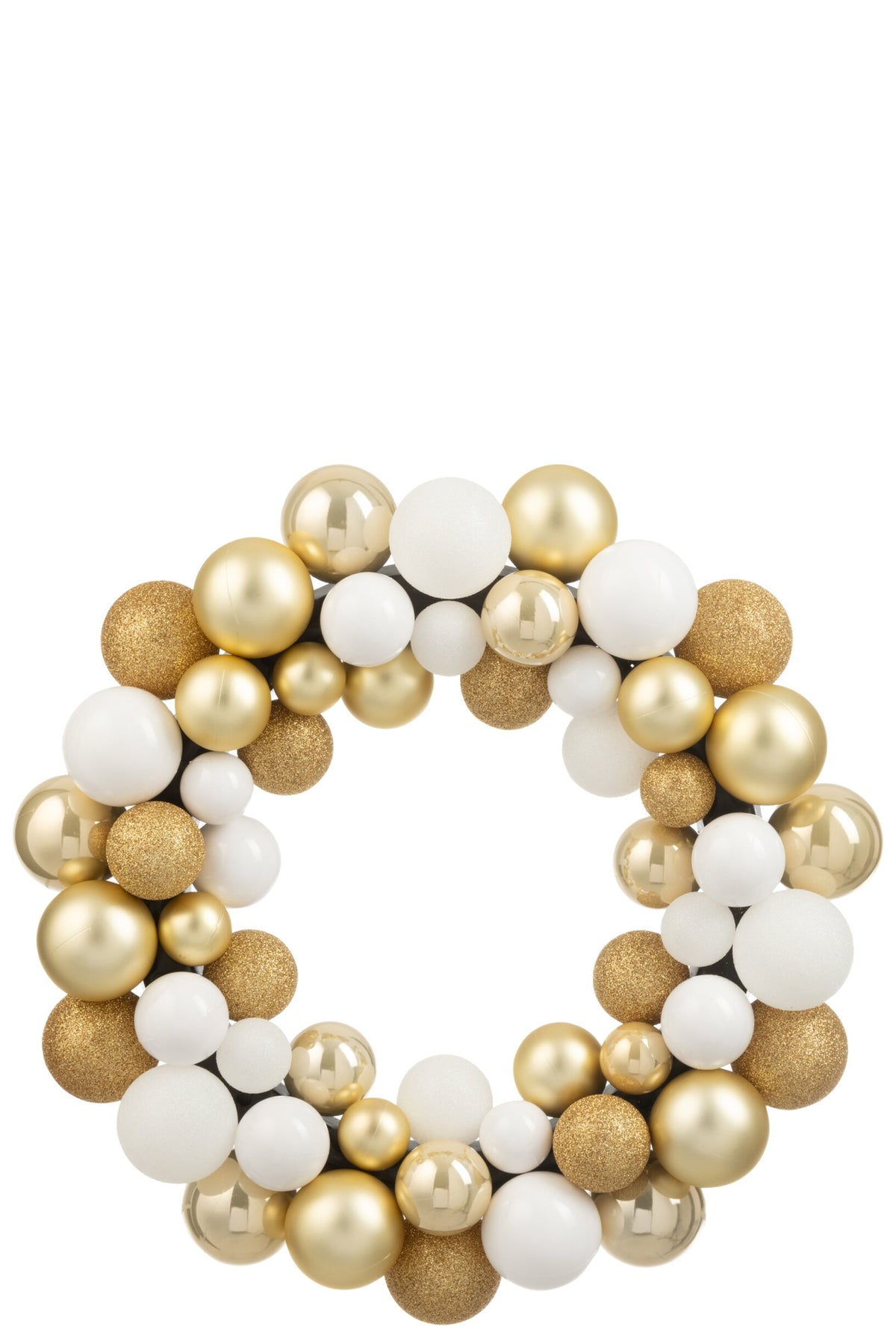 Kerstkrans met kerstballen – kunststof, wit en goud, Ø35 cm