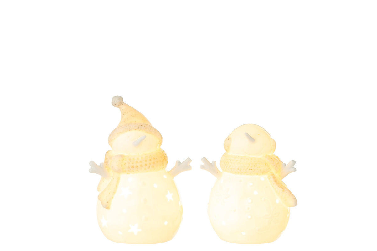 Sneeuwpop met LED en sterren klein – set van 2, klei, wit en beige, 16,5 cm