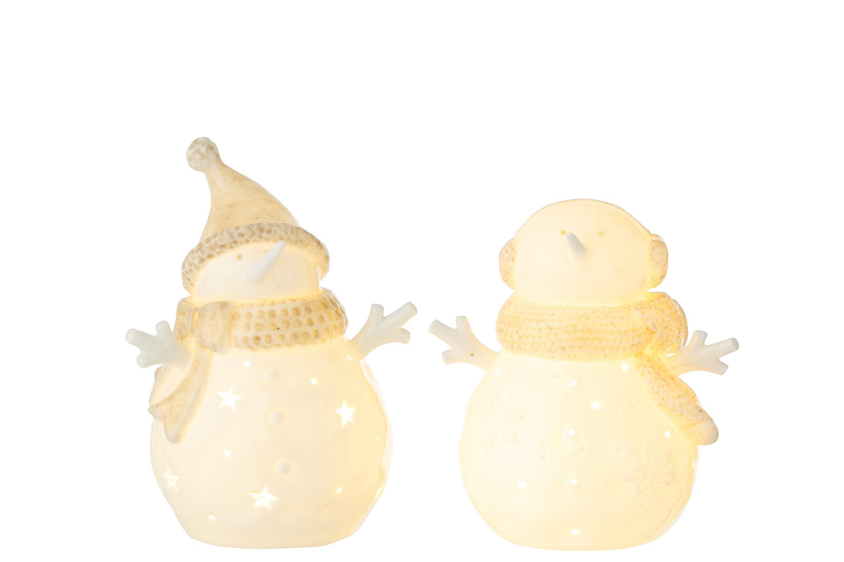 Sneeuwpop met LED en sterren groot – set van 2, klei, wit en beige, 17,5 cm