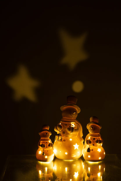 Sneeuwpop met LED groot – porselein, ecru, Ø11×21,5 cm