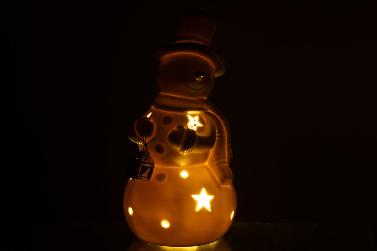Sneeuwpop met LED groot – porselein, ecru, Ø11×21,5 cm