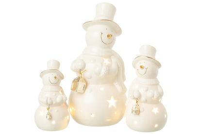 Sneeuwpop met LED groot – porselein, ecru, Ø11×21,5 cm