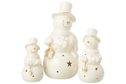 Sneeuwpop met LED groot – porselein, ecru, Ø11×21,5 cm