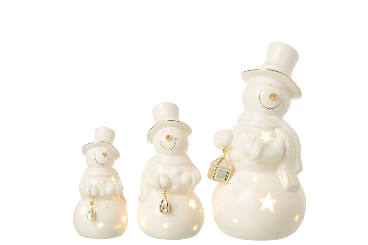 Sneeuwpop met LED groot – porselein, ecru, Ø11×21,5 cm