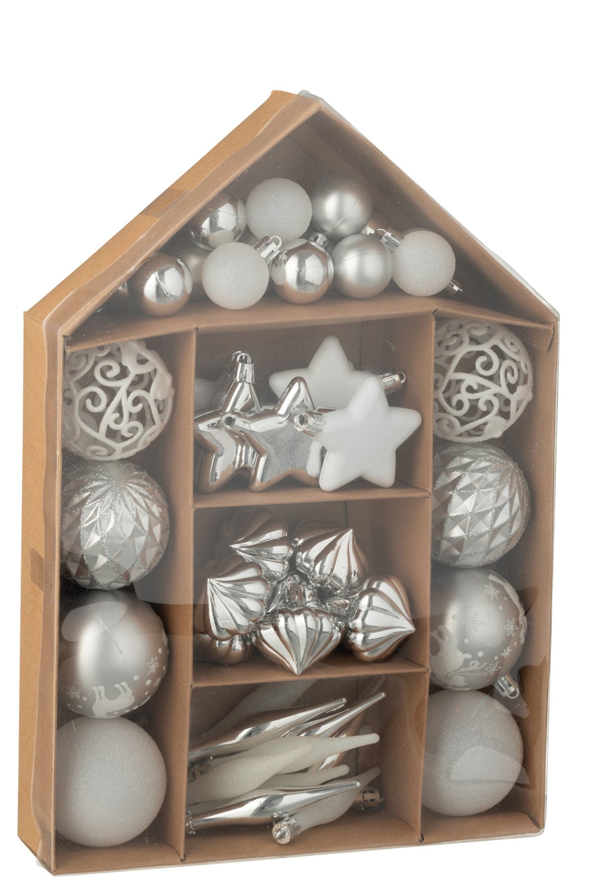 Kerstballen doos van 50 – kunststof, zilver en wit, 24×6×34 cm