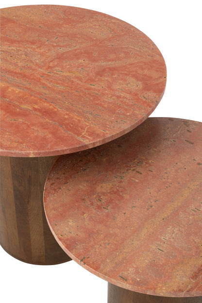 2er Set Beistelltisch Rund Marmor Terrakotta/Dunkelbraun