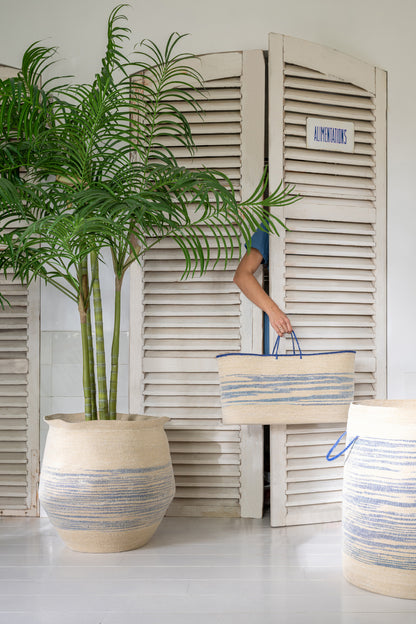 Set Of 2 Basket With Handle Striped Seagrass Natural/Blue