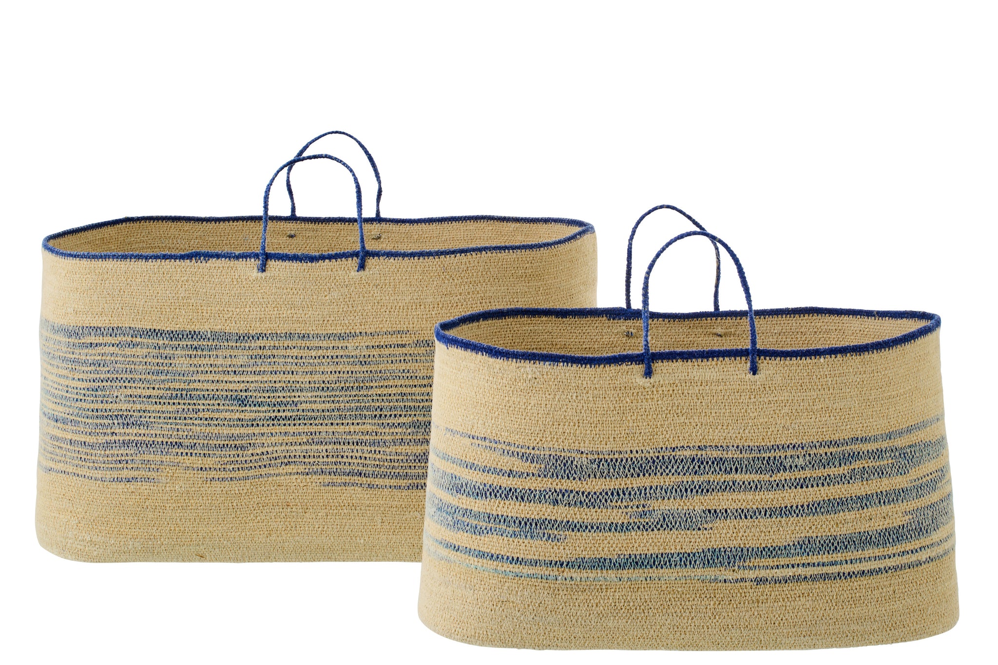 Set Of 2 Basket With Handle Striped Seagrass Natural/Blue