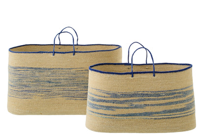 Set Of 2 Basket With Handle Striped Seagrass Natural/Blue