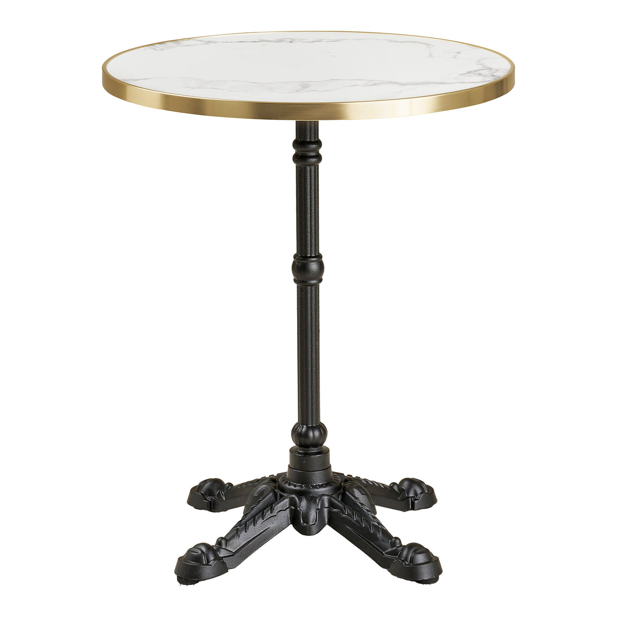 Bistrotisch – Bistrotisch, Marmor-Optik, weiß mit goldenem Rand, schwarze Beine, Gusseisen ø60x73 cm