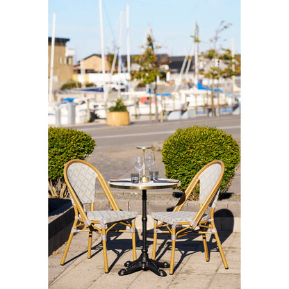 Bistrotisch – Bistrotisch, Marmor-Optik, weiß mit goldenem Rand, schwarze Beine, Gusseisen ø60x73 cm