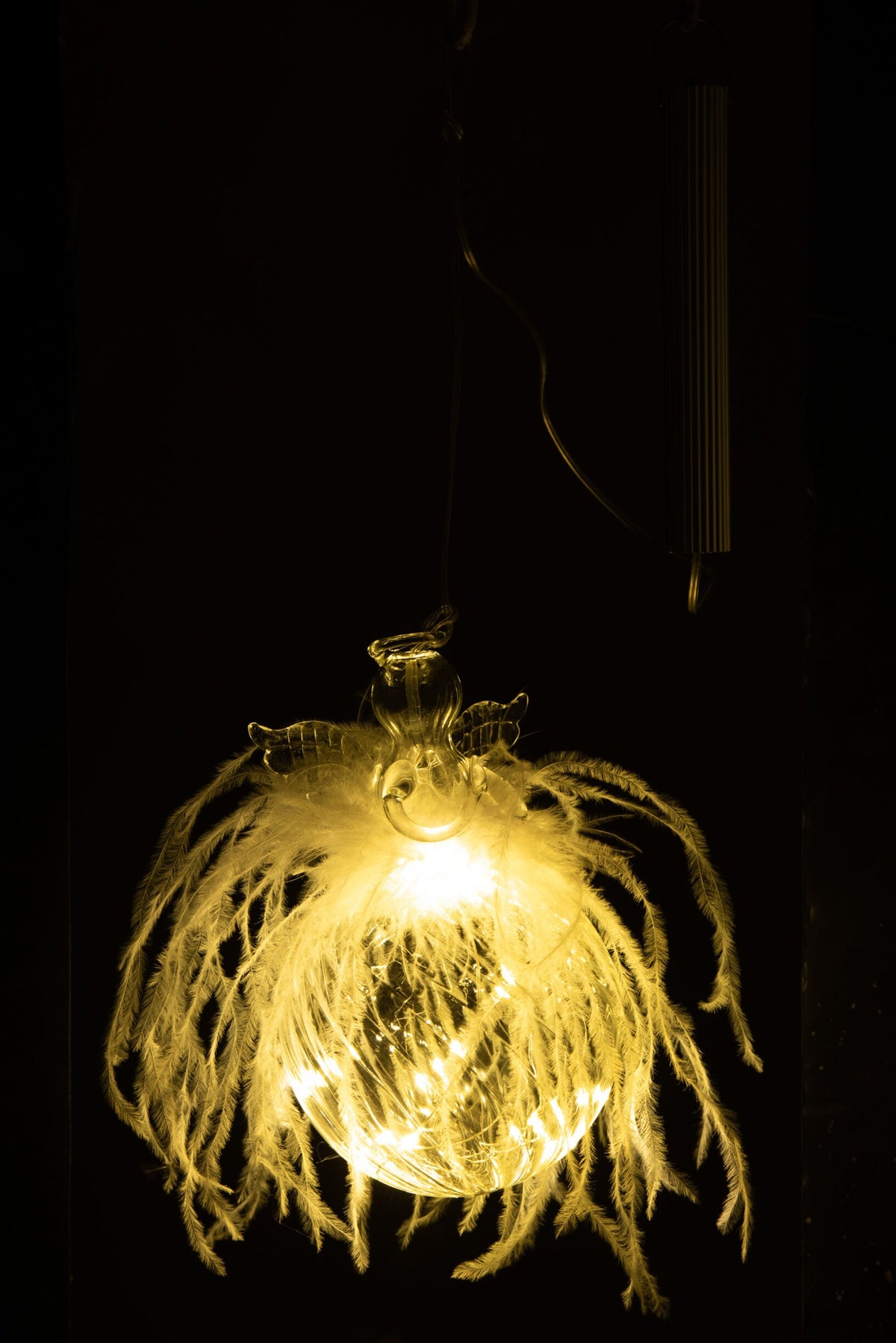 Kerstbal engel met LED en veer klein – glas, transparant, 13,5 cm