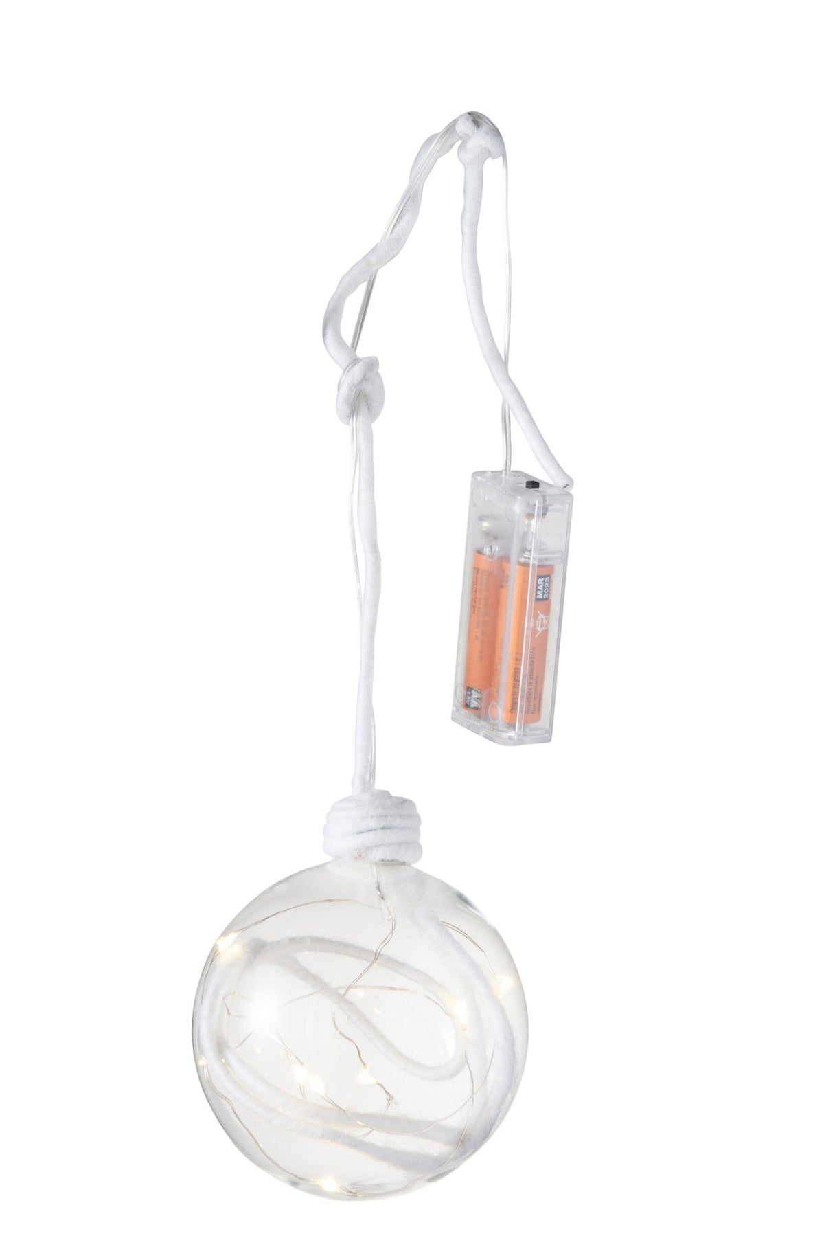 Kerstbal met touw en LED medium – glas, transparant en wit, Ø10 cm