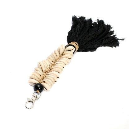 Sleutelhanger Macramé Fishbone – katoen en schelp, zwart, 25 cm