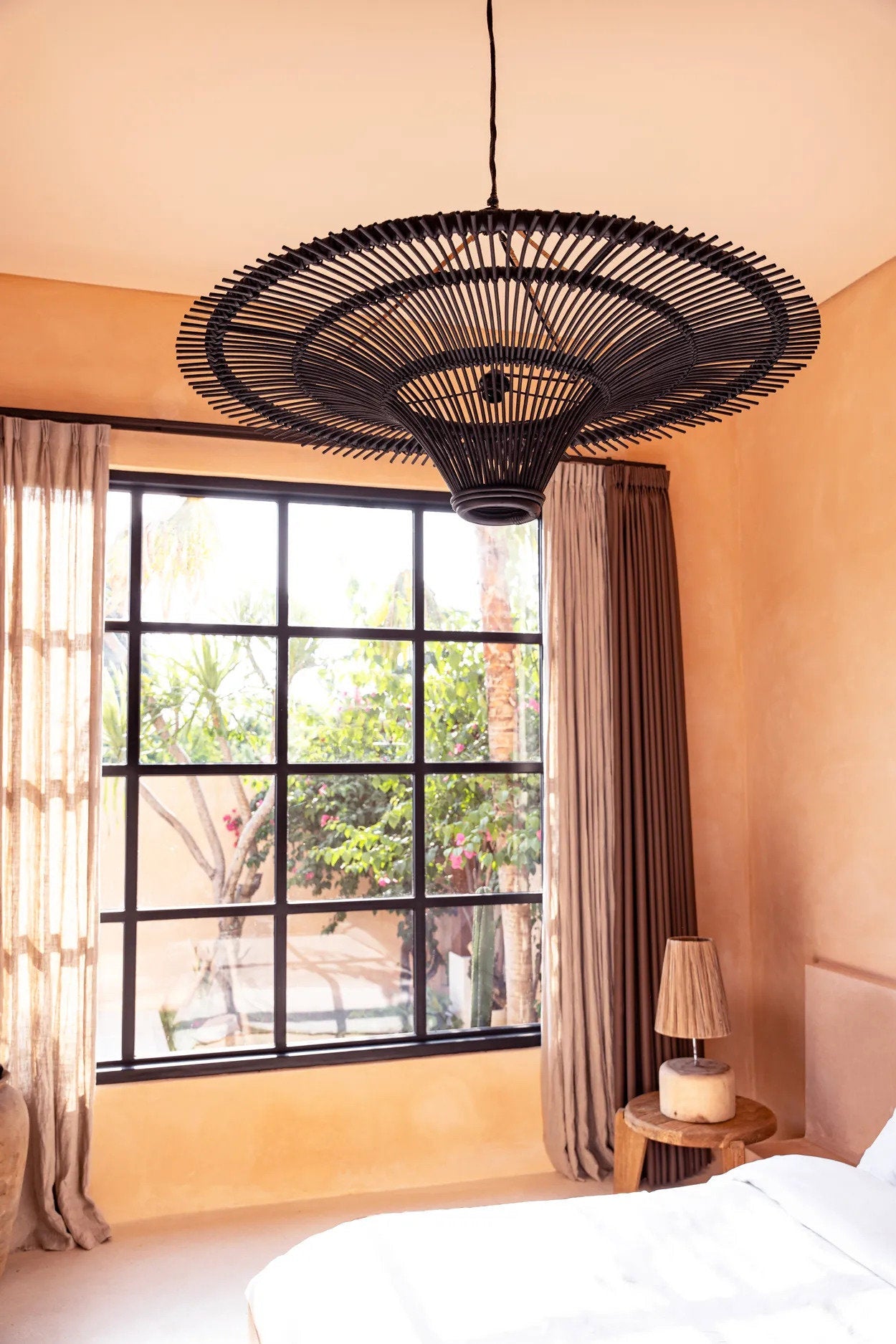 Hanglamp Sky – rattan, zwart, ø150×43 cm