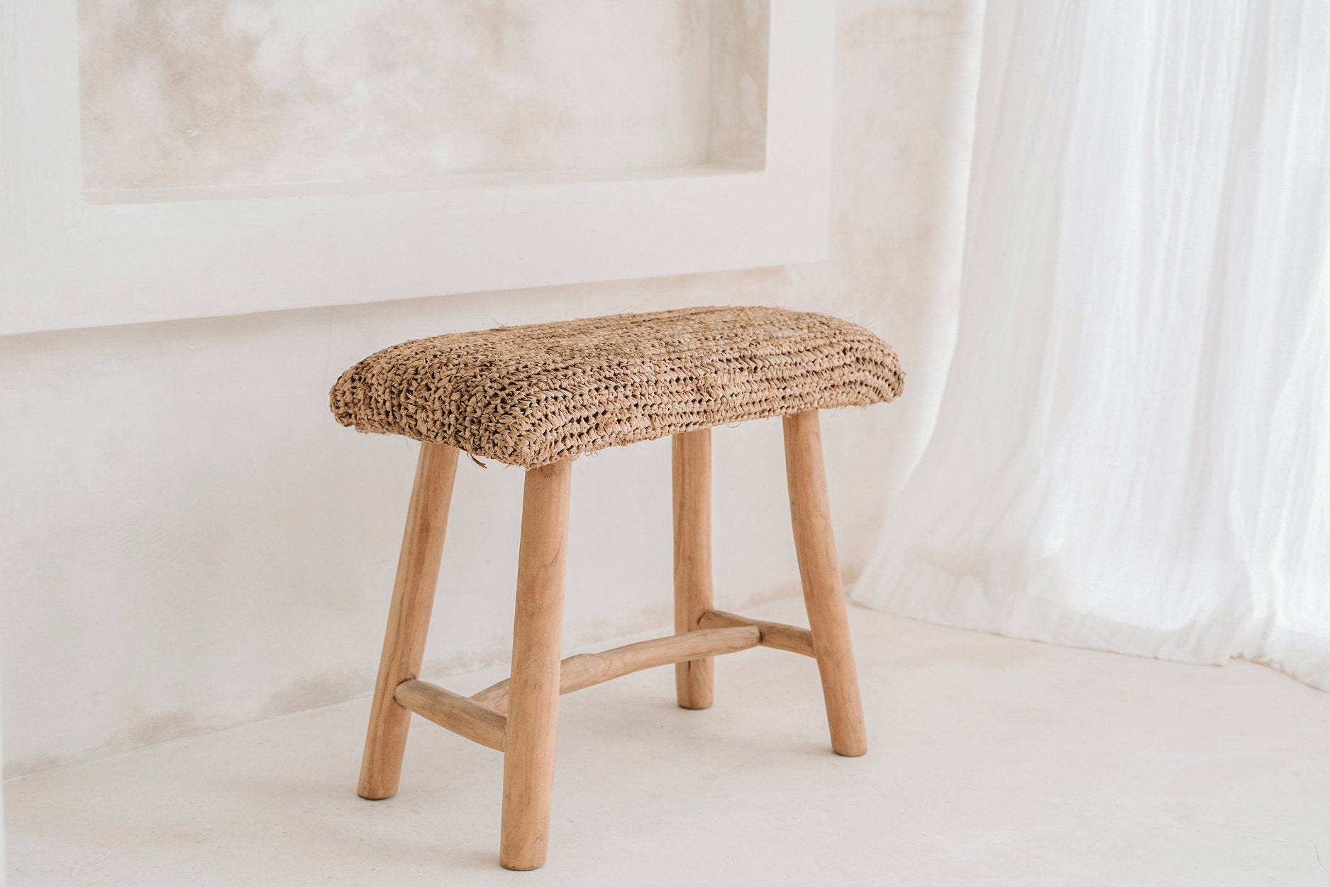 Zitbank Raffia Teakhout Naturel 60x28x45 cm