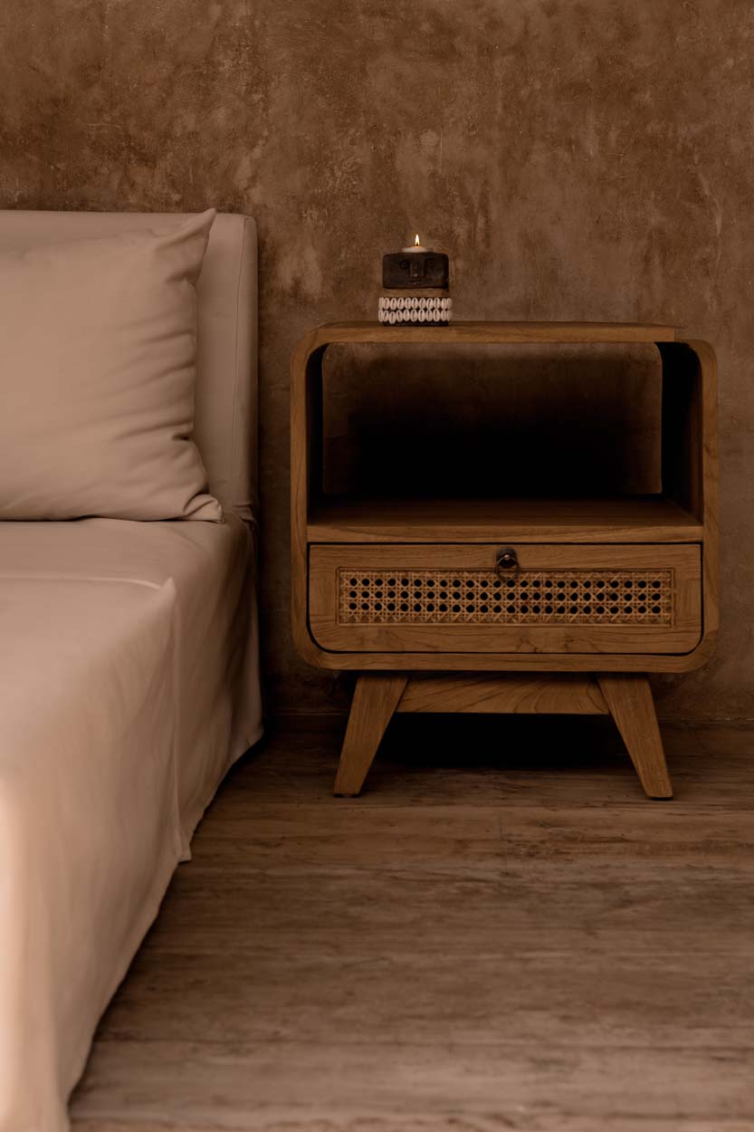 Nachtkastje Breeze – teakhout/rattan, naturel, 50x50x55 cm