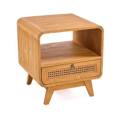 Nachtkastje Breeze – teakhout/rattan, naturel, 50x50x55 cm