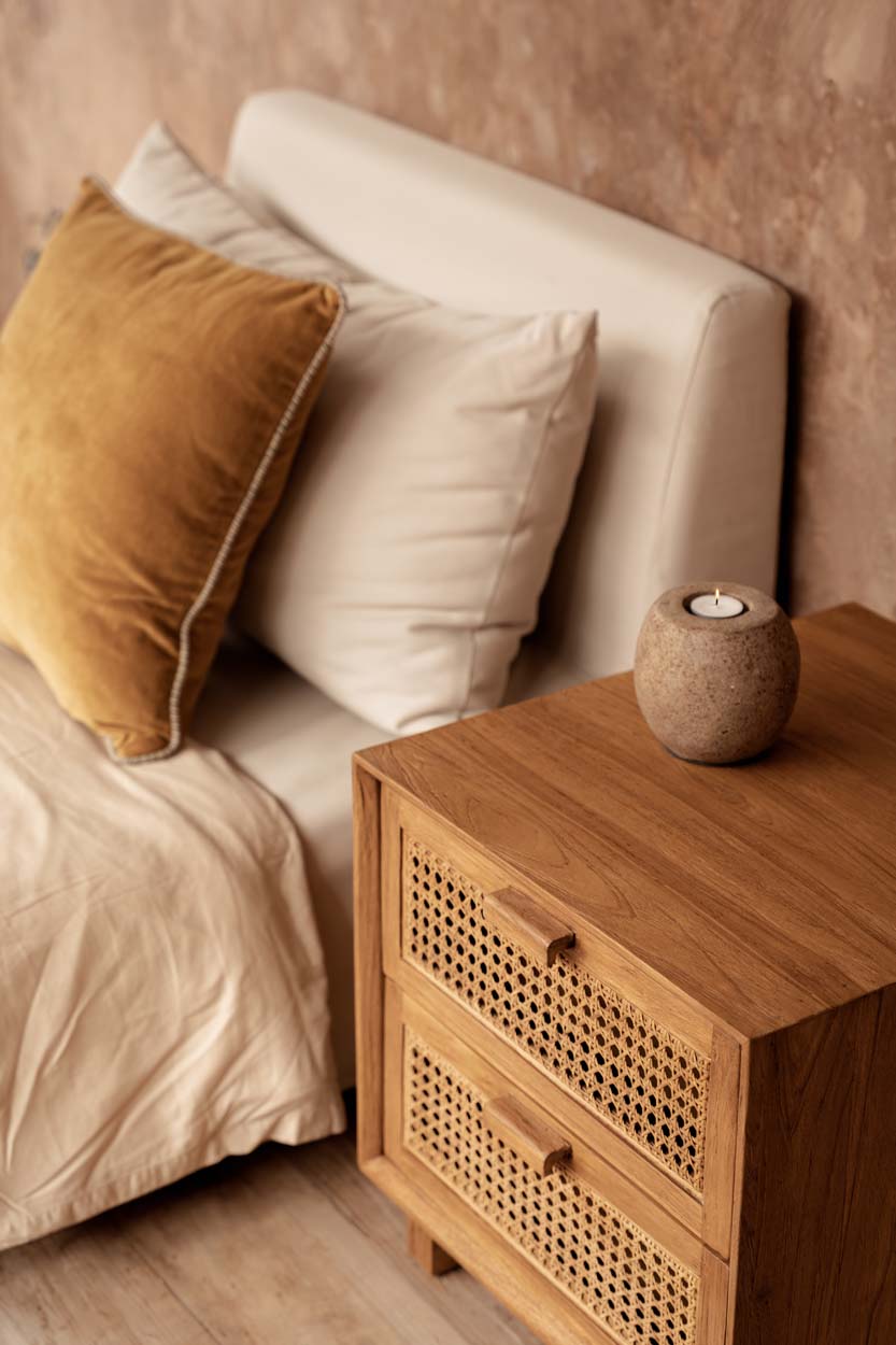 Nachtkastje Harmony – teakhout/rattan, naturel, 51x48x48 cm
