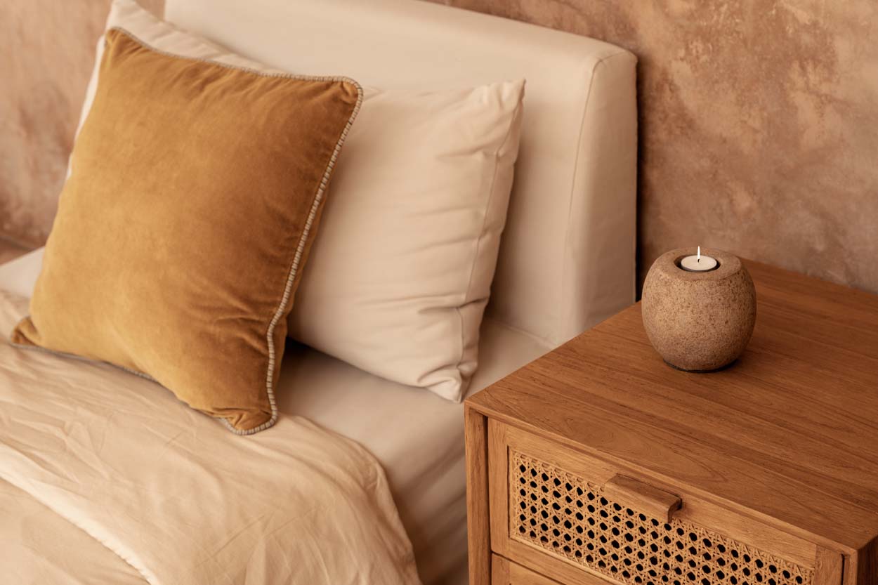 Nachtkastje Harmony – teakhout/rattan, naturel, 51x48x48 cm