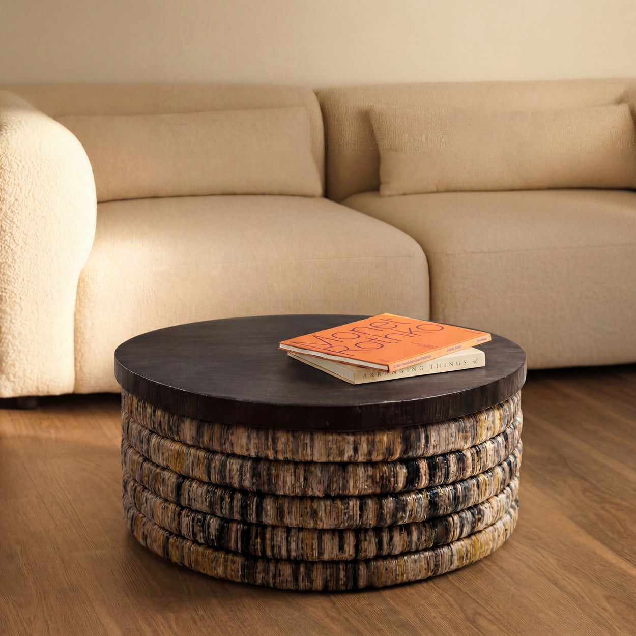 Salontafel Magani – bananenblad, grijs/zwart, ø80×38 cm