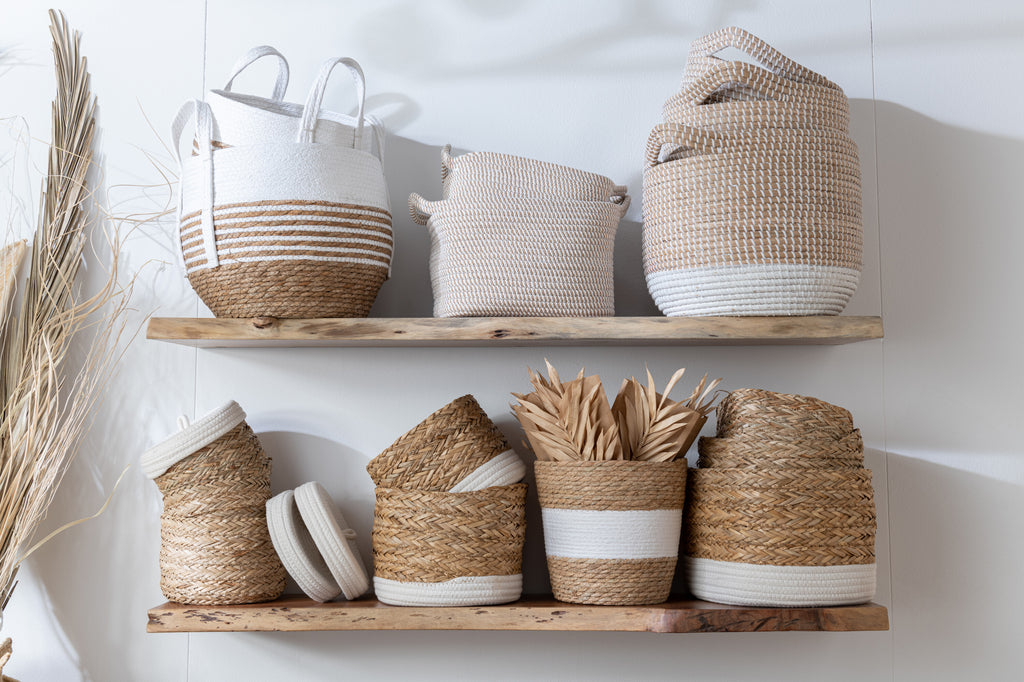 Basket Round With Stripe+ Handle Reed Natural/White