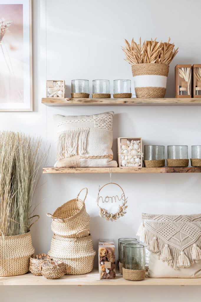 Basket Round With Stripe+ Handle Reed Natural/White