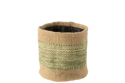 Basket Round+Band Jute Natural/Green Large