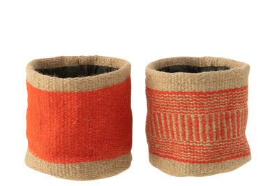 Basket Round+Band Jute Natural/Orange Large Assortment Of 2