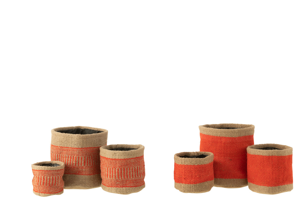 Basket Round+Band Jute Natural/Orange Large Assortment Of 2