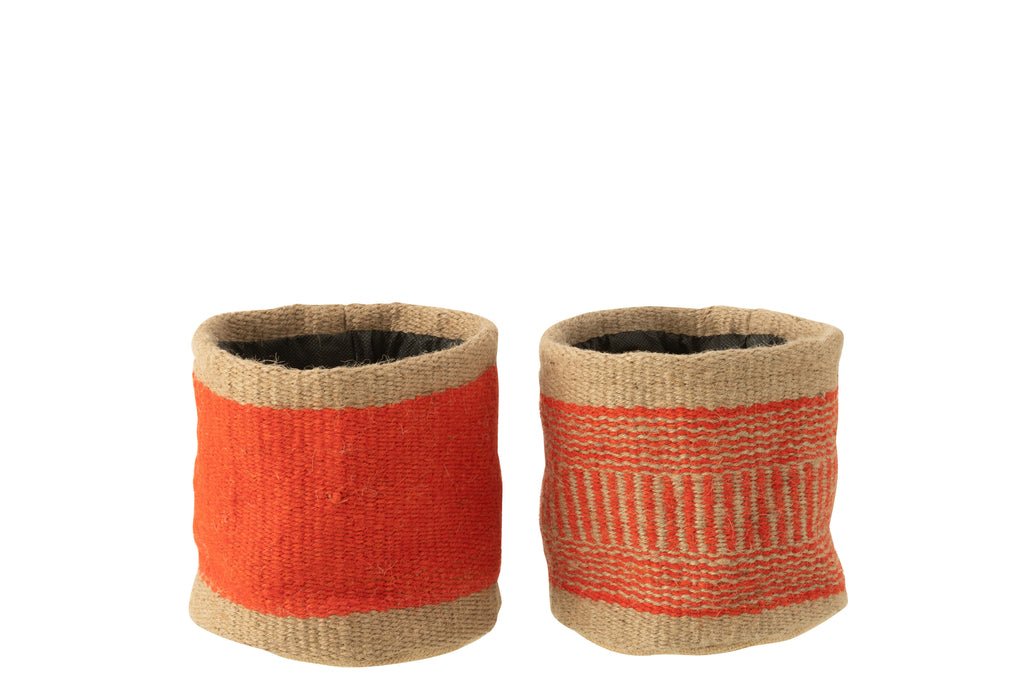 Basket Round+Band Jute Natural/Orange Medium Assortment Of 2