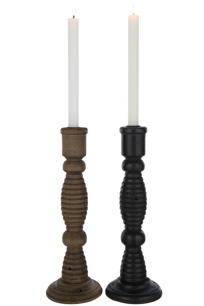 Candle Holder Flin Pinewood/Iron Black/Brown Assortment Of 2